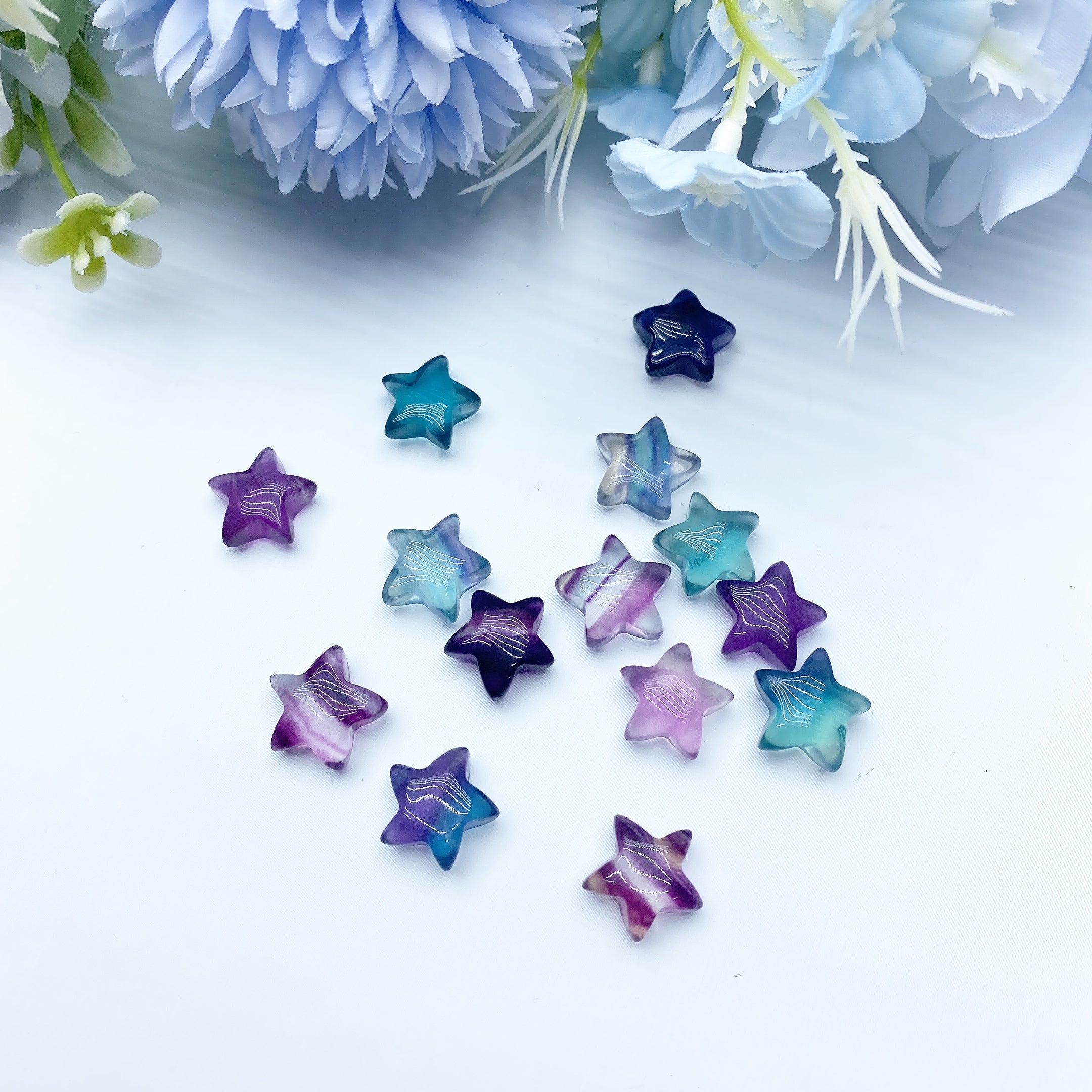 Mini 10mm Fluorite Moon and Star Crystal Carvings