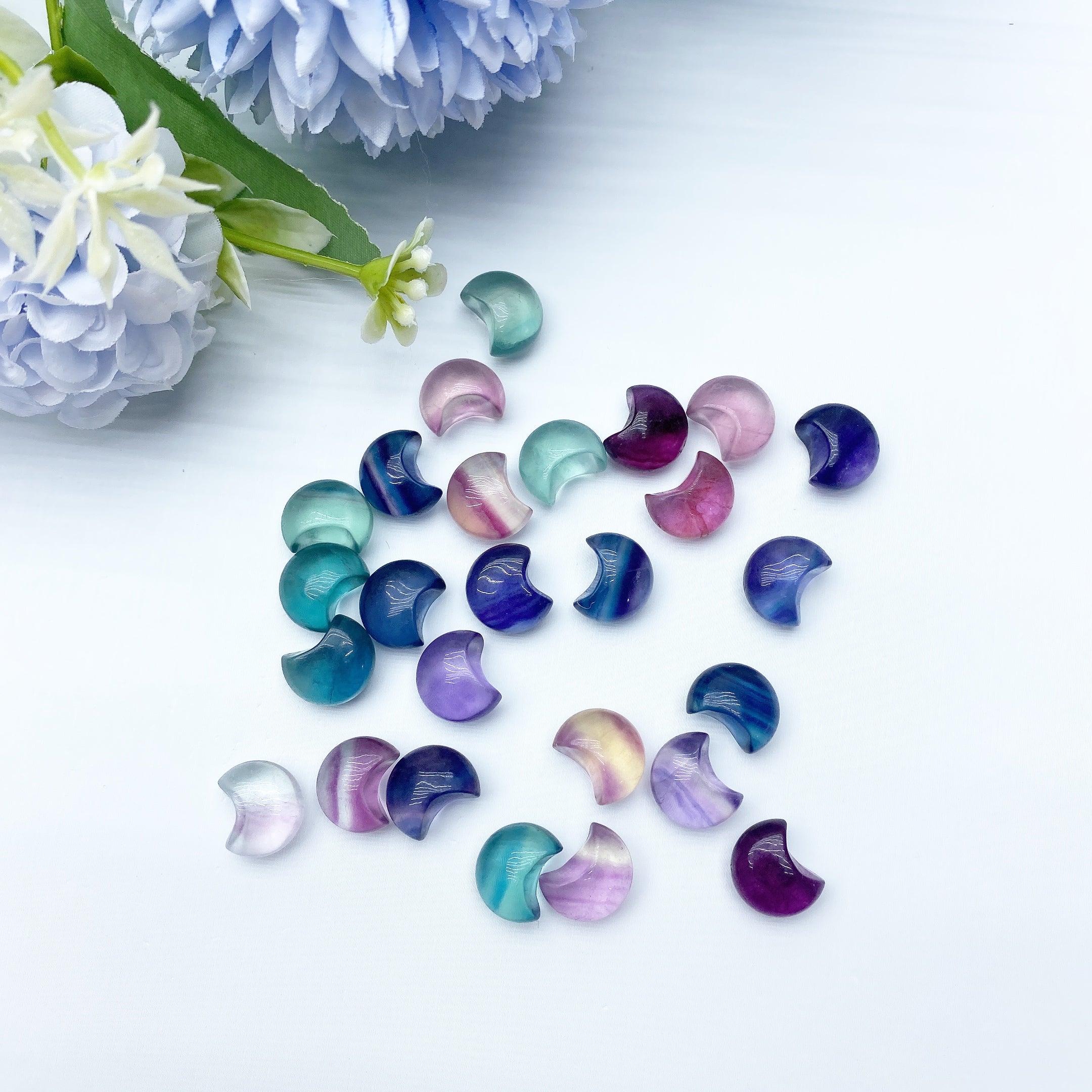 Mini 10mm Fluorite Moon and Star Crystal Carvings