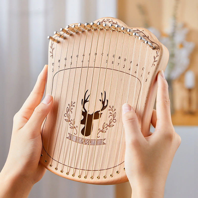 Wooden 17-String Lyre Harp with deer head design engraved on soundboard