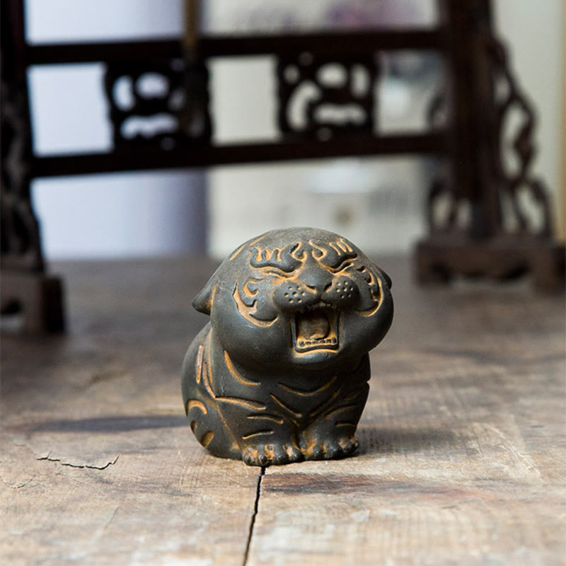 Mini Cute Tiger Iron Resin Statue - Spiritual Animal Figurine