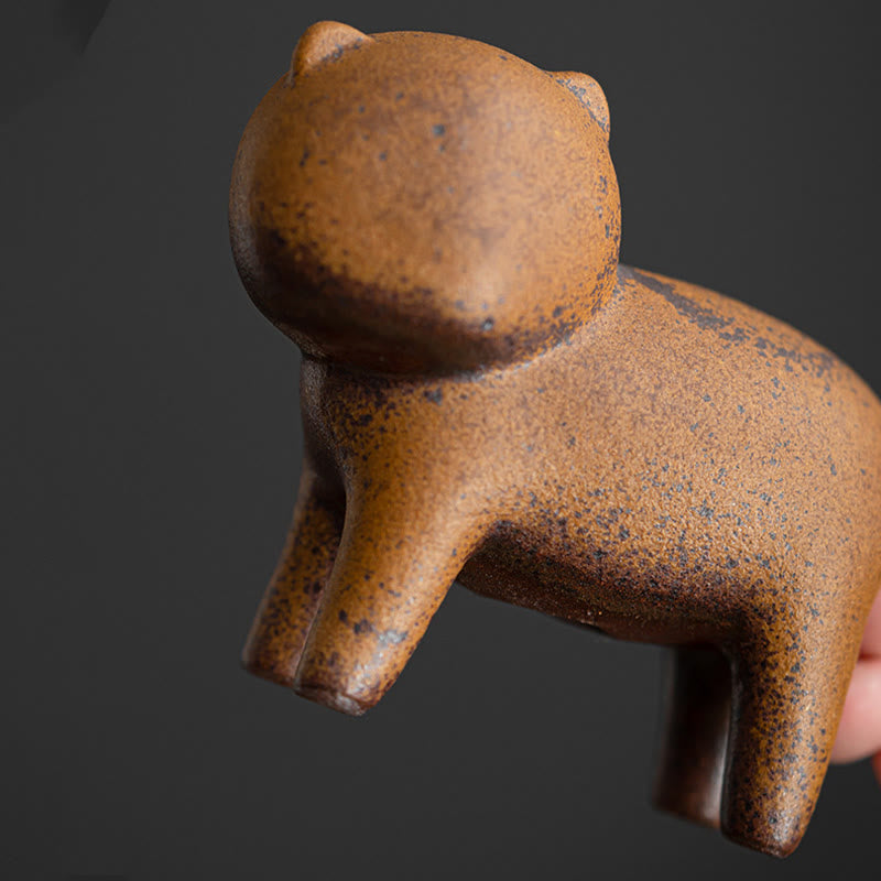 Mini Standing Cat and Feng Shui Frog Ceramic Figurines for Home Decor