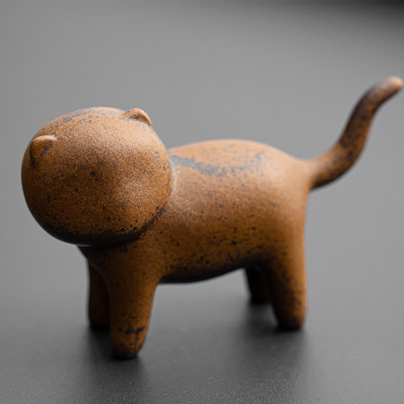 Mini Standing Cat and Feng Shui Frog Ceramic Figurines for Home Decor