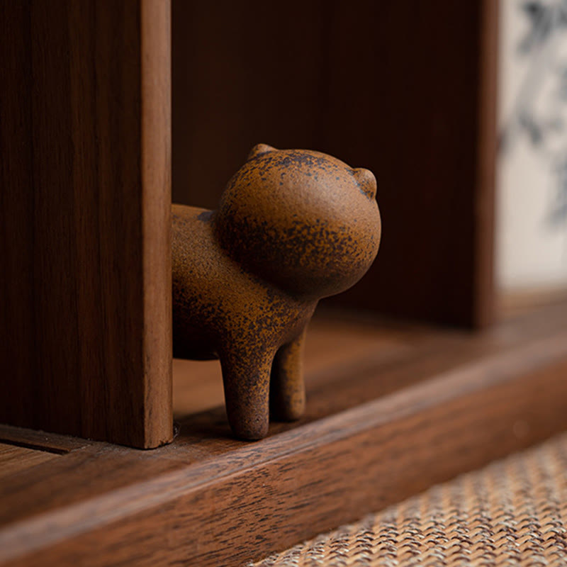 Mini Standing Cat and Feng Shui Frog Ceramic Figurines for Home Decor