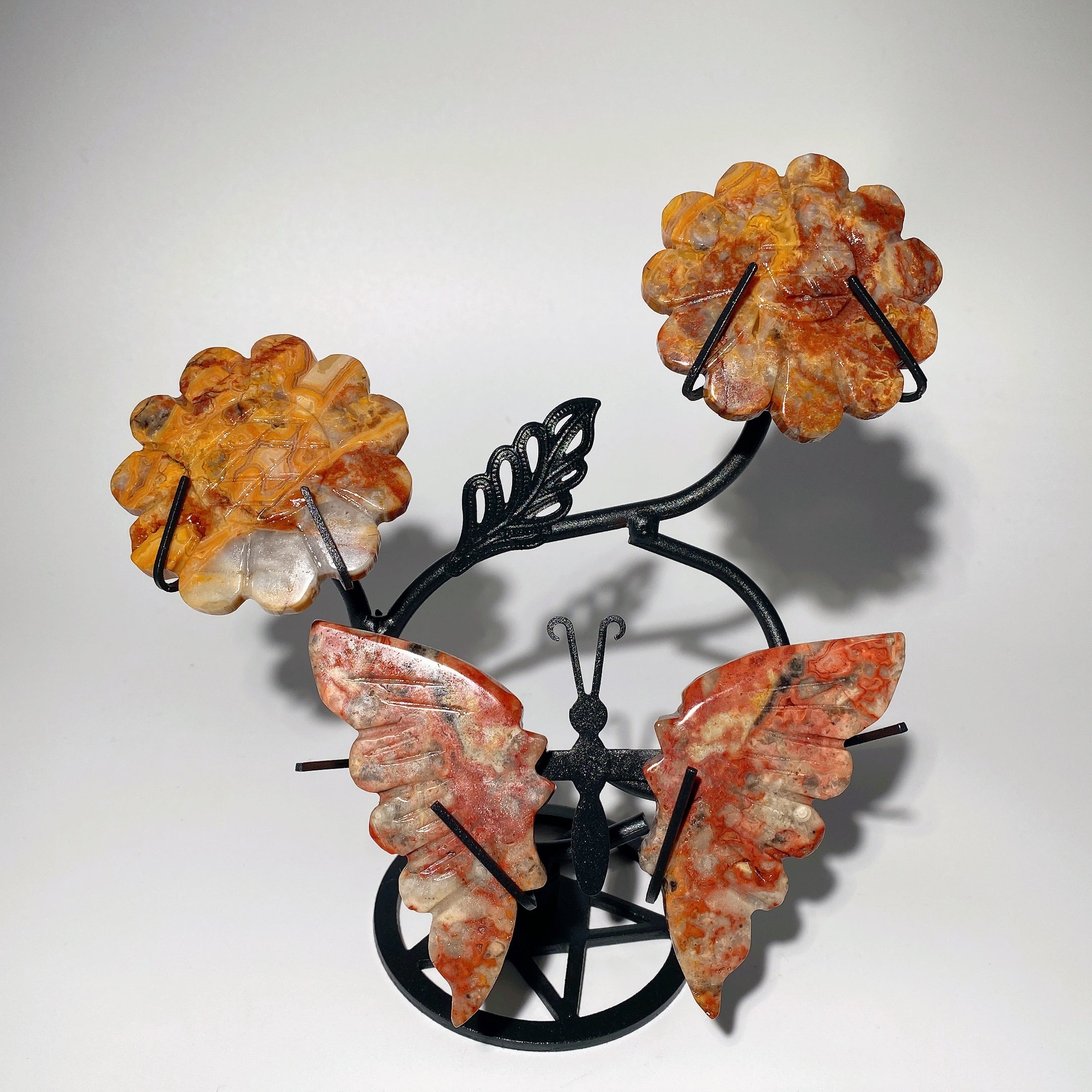 Mixed Crystal Butterfly with Flowers and Stand 4" Wings 2.3" Flower