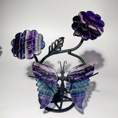 Mixed Crystal Butterfly with Flowers and Stand 4" Wings 2.3" Flower