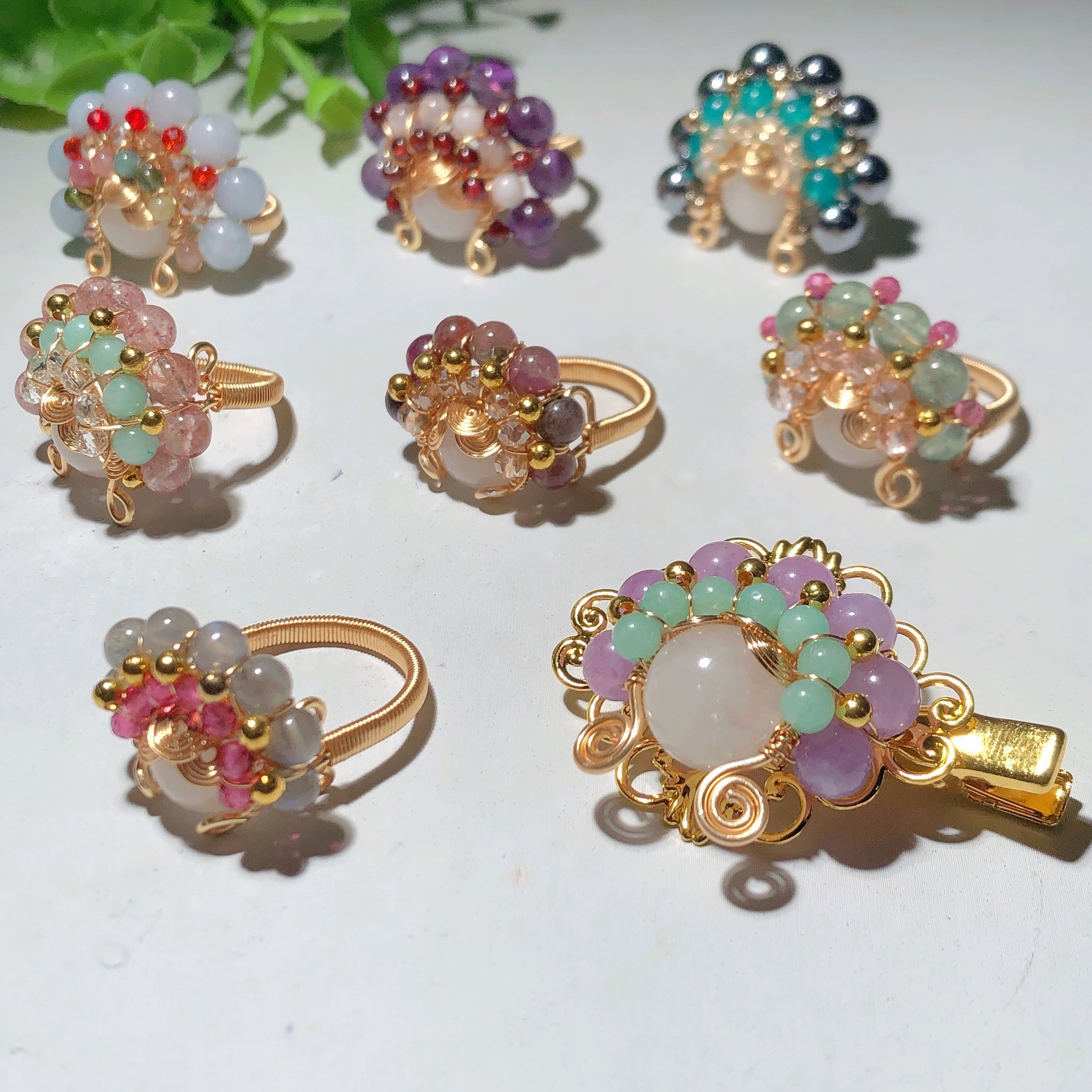 Mixed Crystal Gold Wirework Spiritual Healing Rings