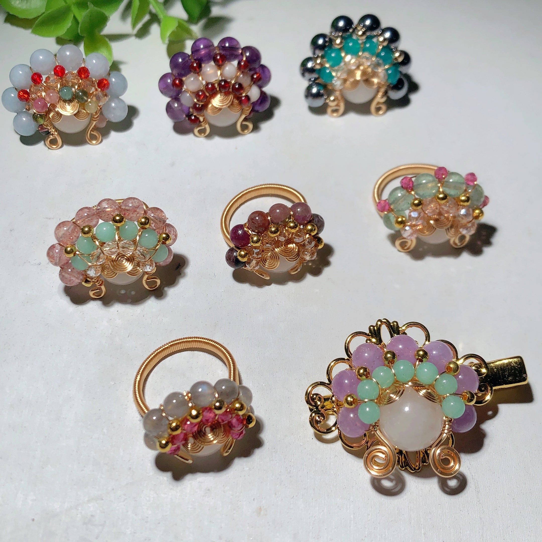 Mixed Crystal Gold Wirework Spiritual Healing Rings