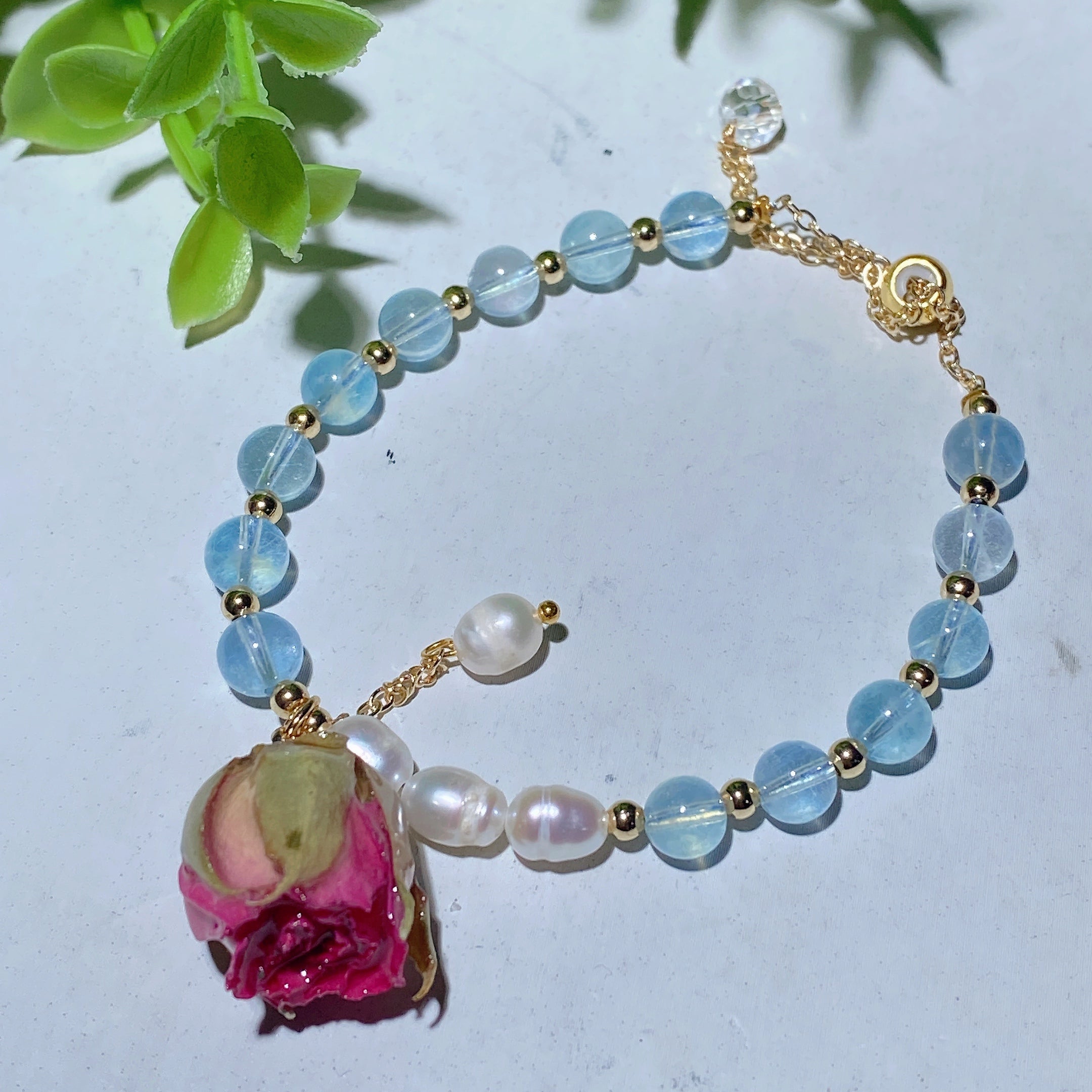 Mixed Crystal Healing Bracelet with Pearl Rose Flower Accent