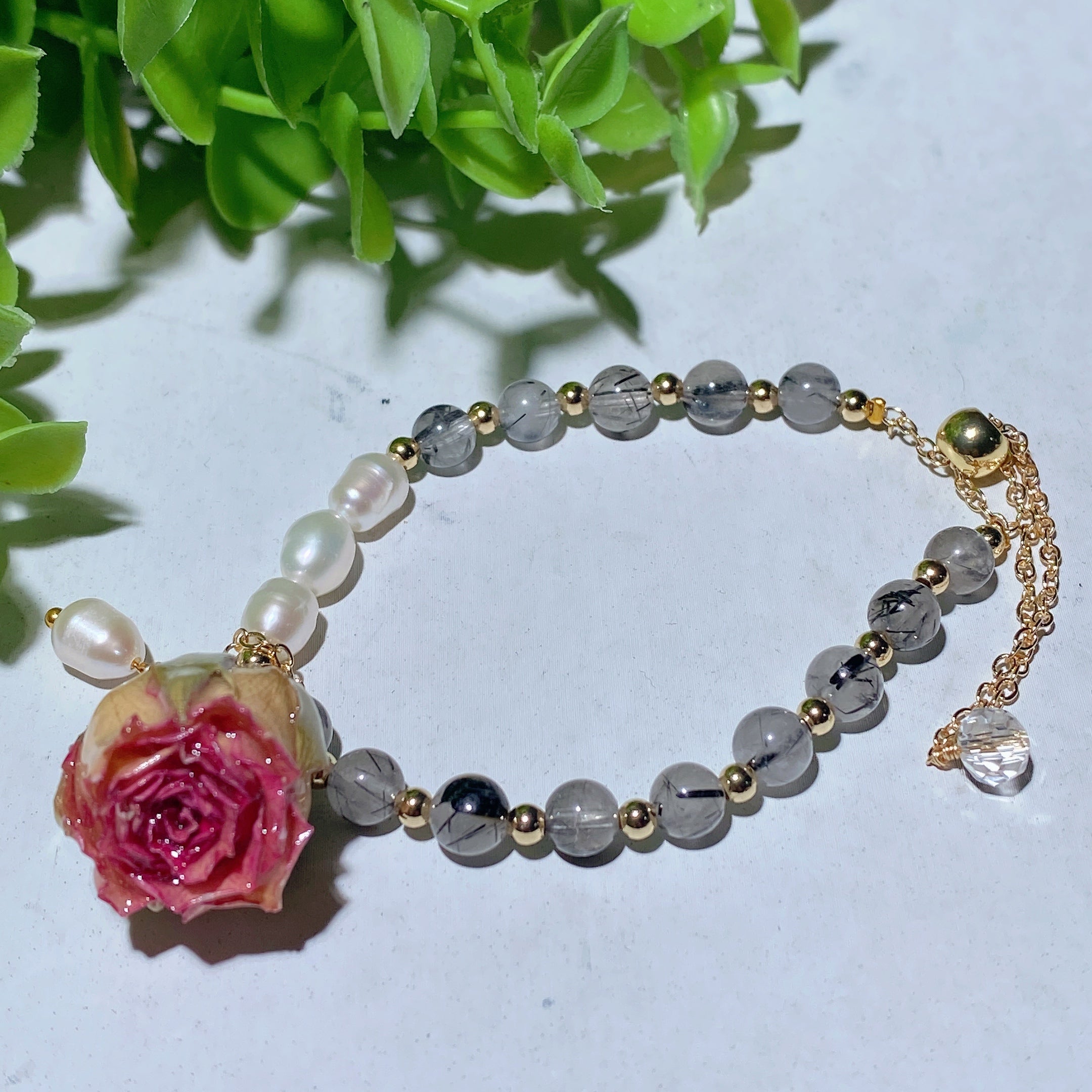 Mixed Crystal Healing Bracelet with Pearl Rose Flower Accent