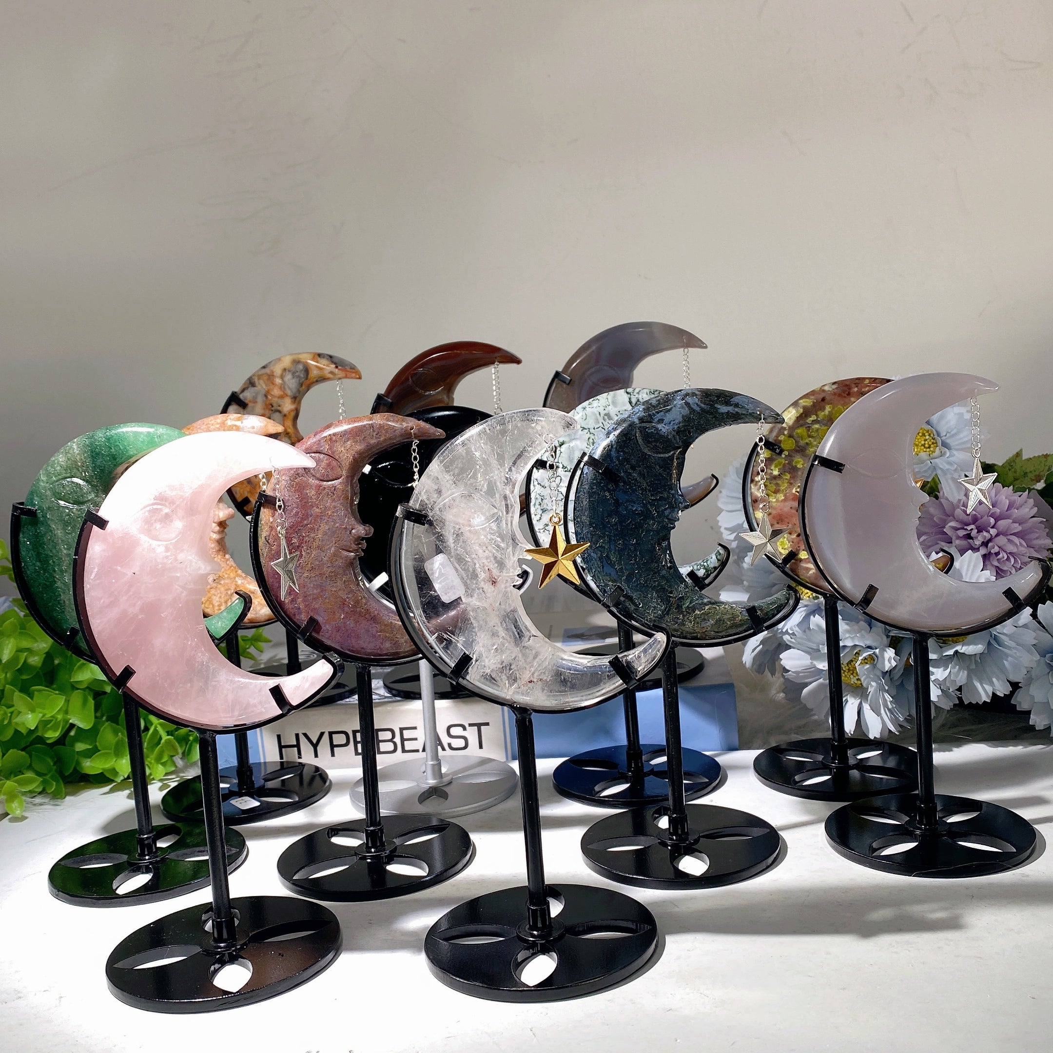 Mixed Crystal Moon Face Figurines 3.3in Healing Carvings