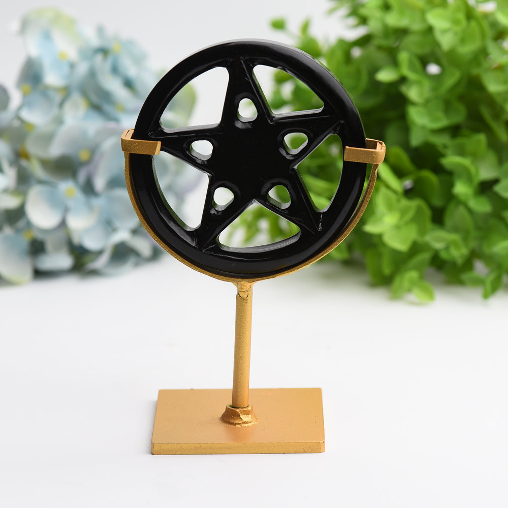 Mixed Crystal Pentagram Carving with Metal Stand 3.5in