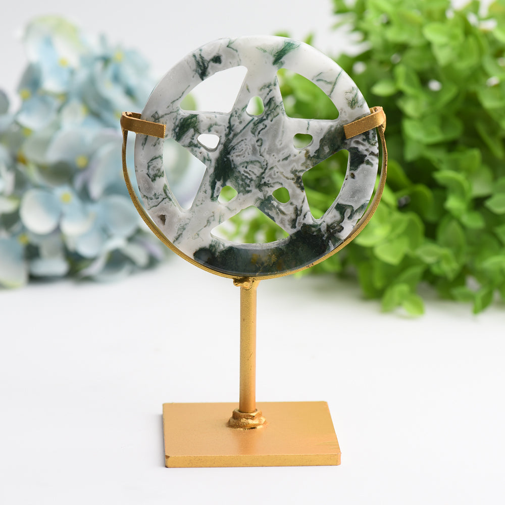 Mixed Crystal Pentagram Carving with Metal Stand 3.5in