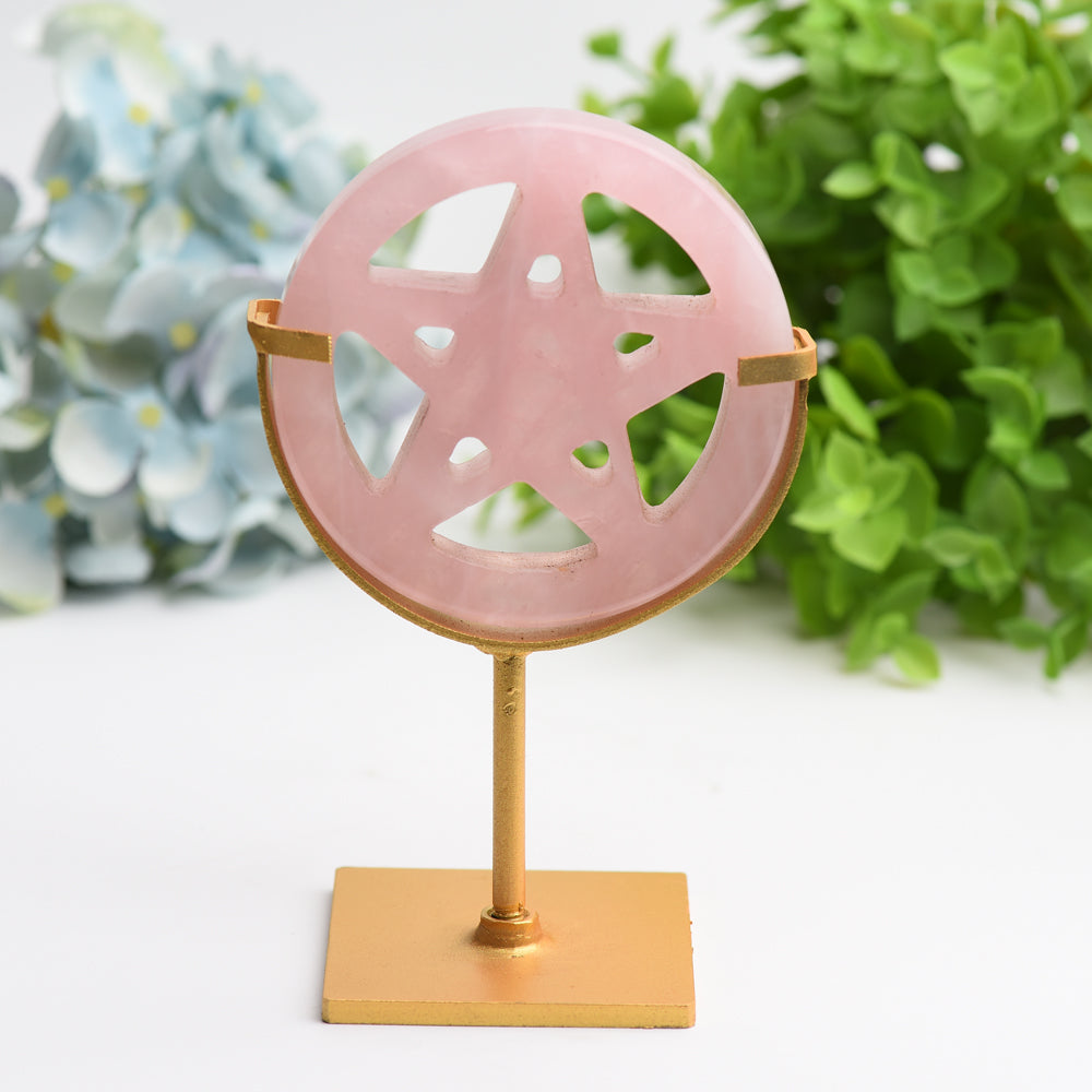 Mixed Crystal Pentagram Carving with Metal Stand 3.5in