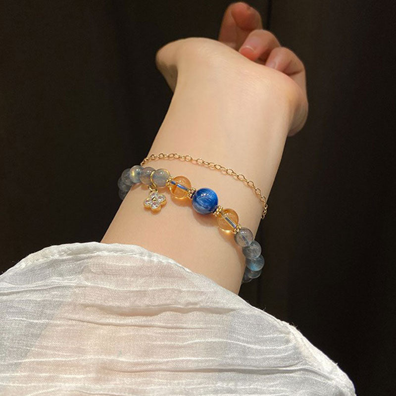 Moonstone Flower Charm Healing Bracelet 6-7mm Beads