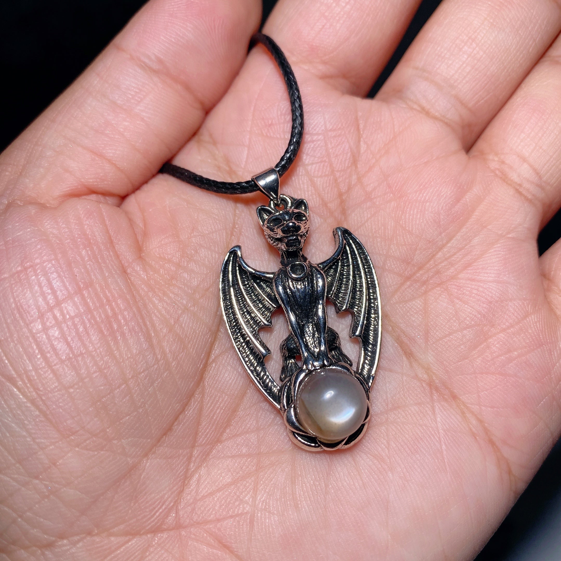 Moonstone Pendant with Crystal Decor Metal Bat 5cm