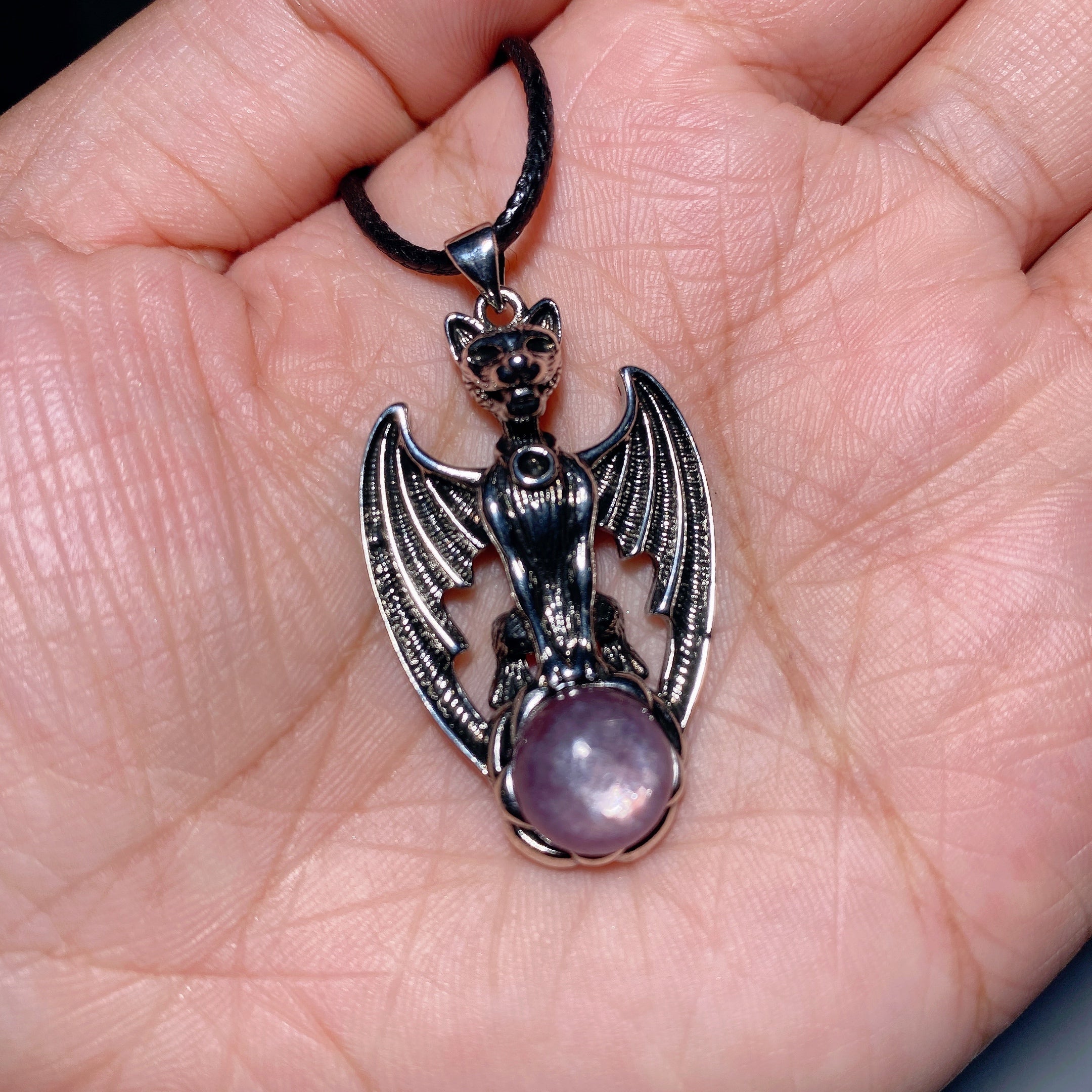 Moonstone Pendant with Crystal Decor Metal Bat 5cm