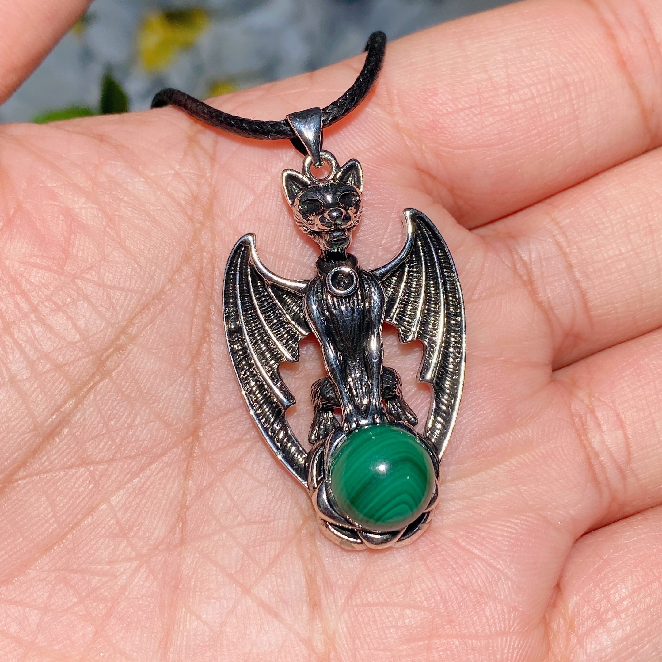 Moonstone Pendant with Crystal Decor Metal Bat 5cm