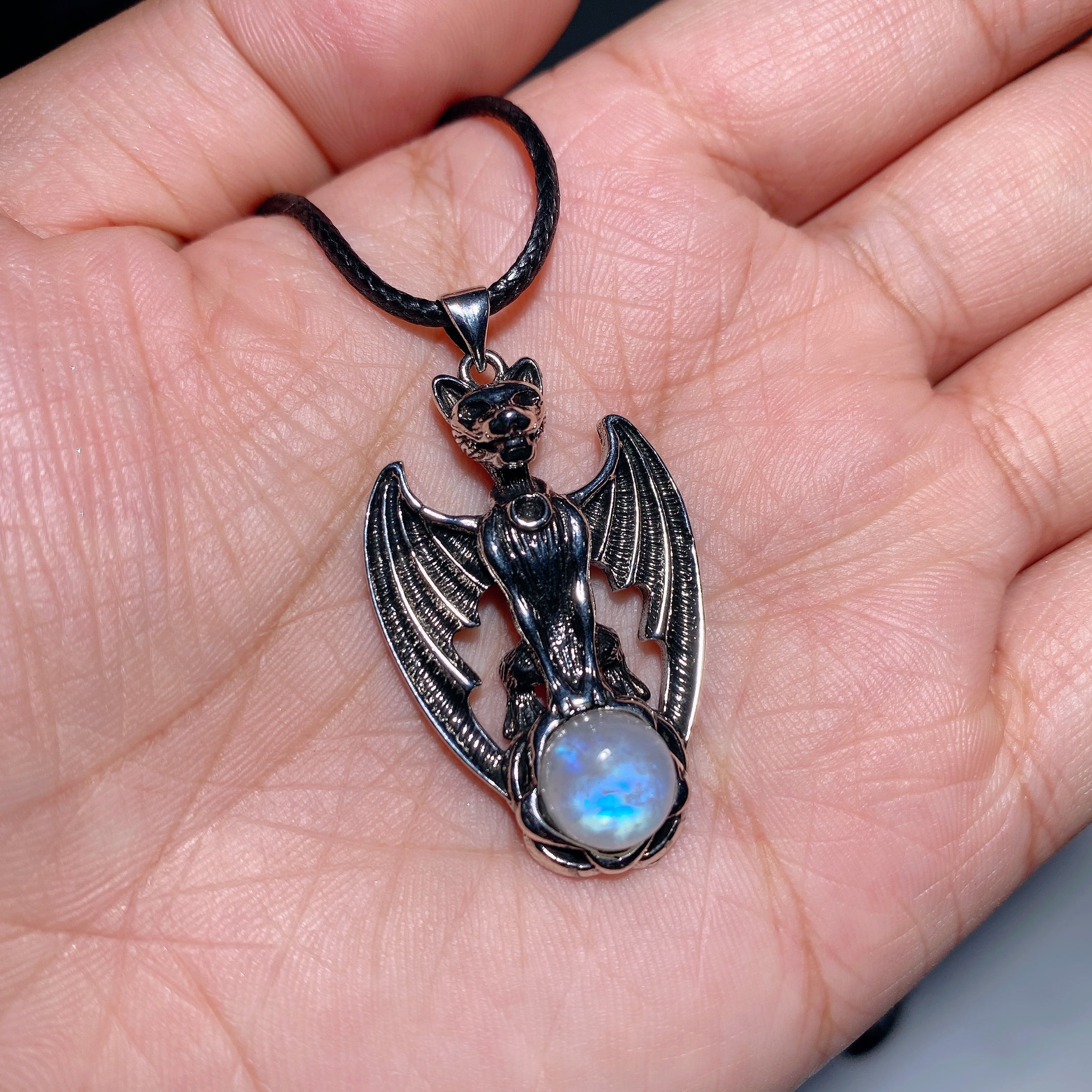 Moonstone Pendant with Crystal Decor Metal Bat 5cm
