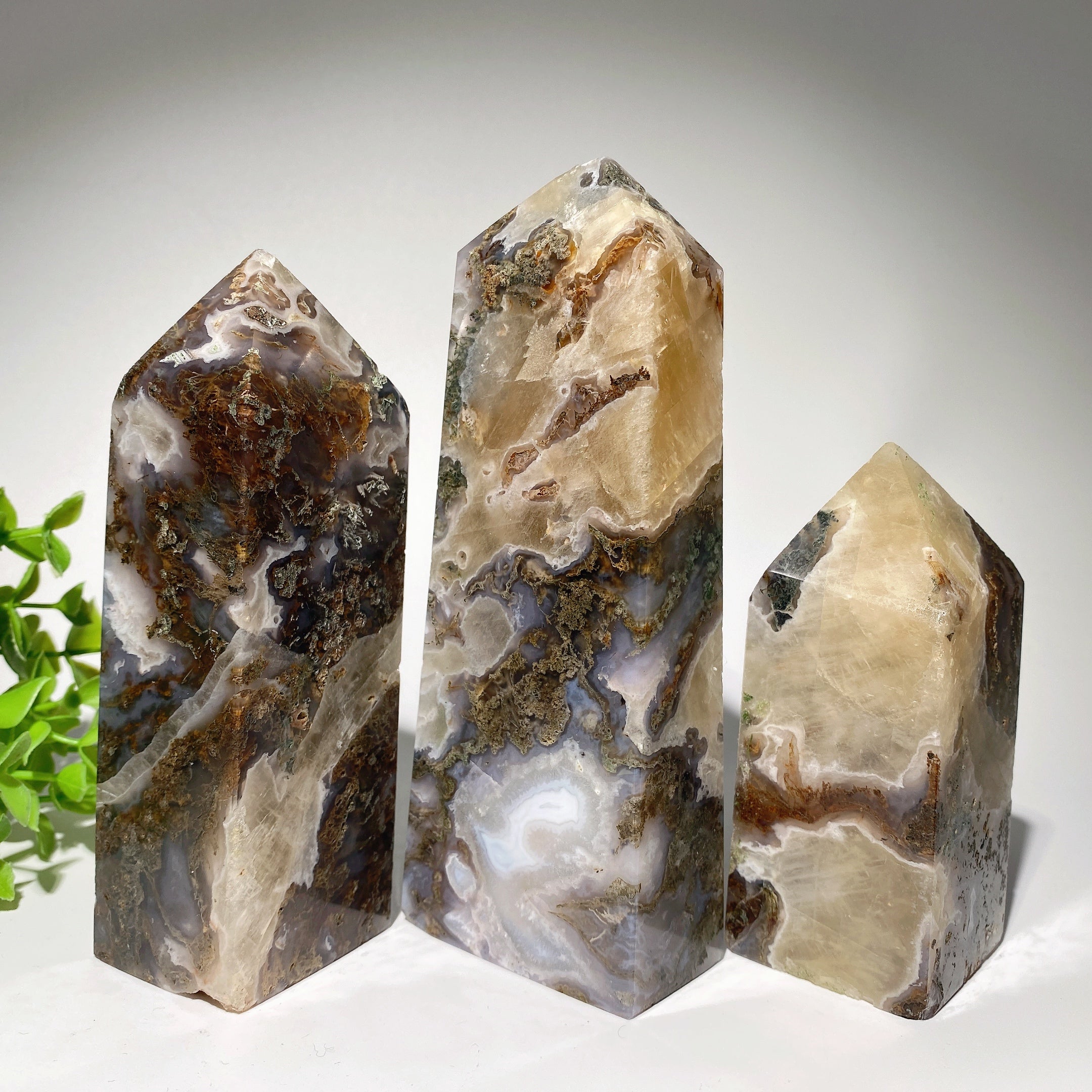 Moss Agate & Calcite Tower Crystal 12-25cm Healing Stone
