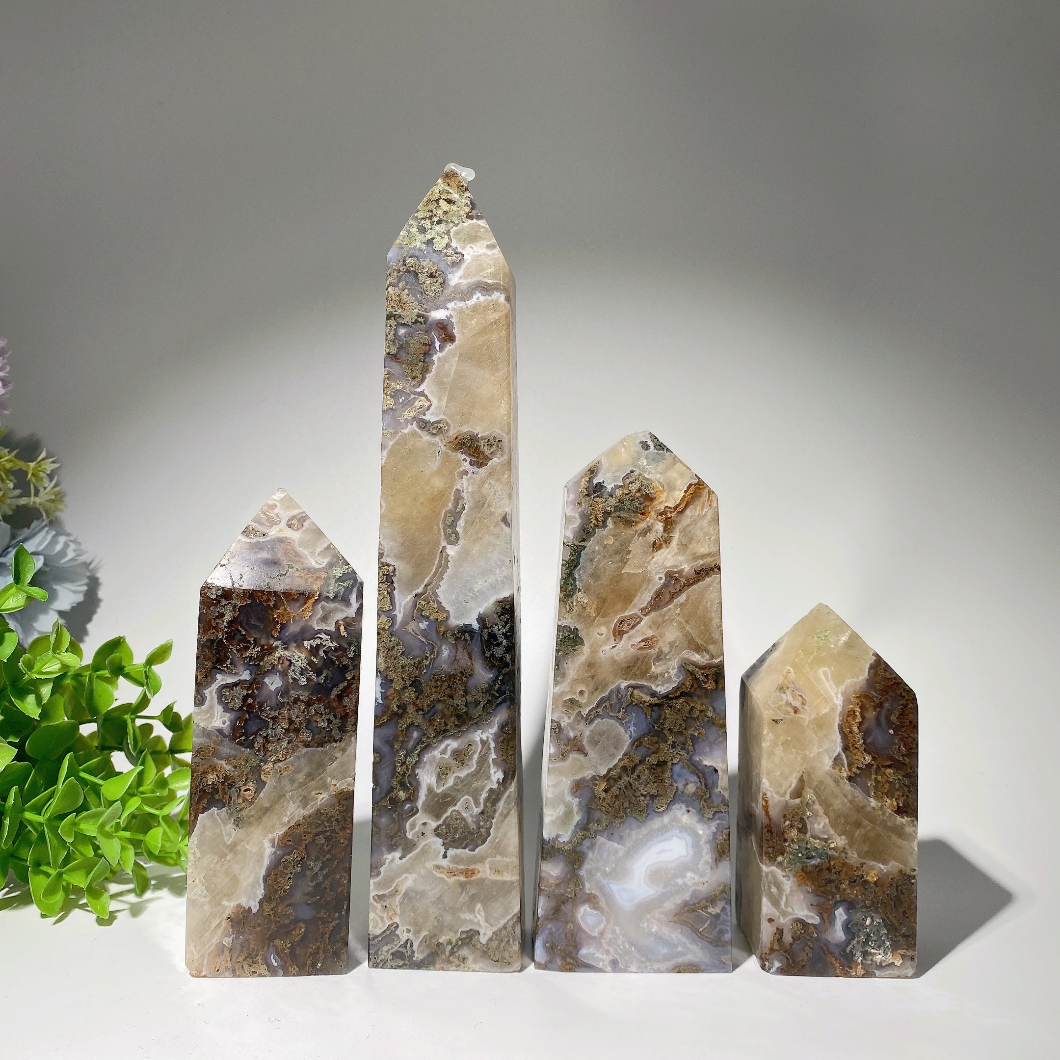 Moss Agate & Calcite Tower Crystal 12-25cm Healing Stone