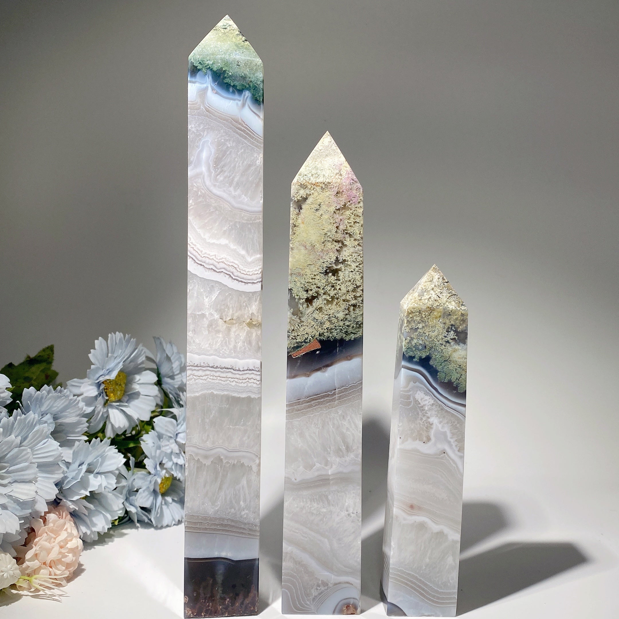 Moss Agate Crystal Tower 18-35cm for Healing & Energy
