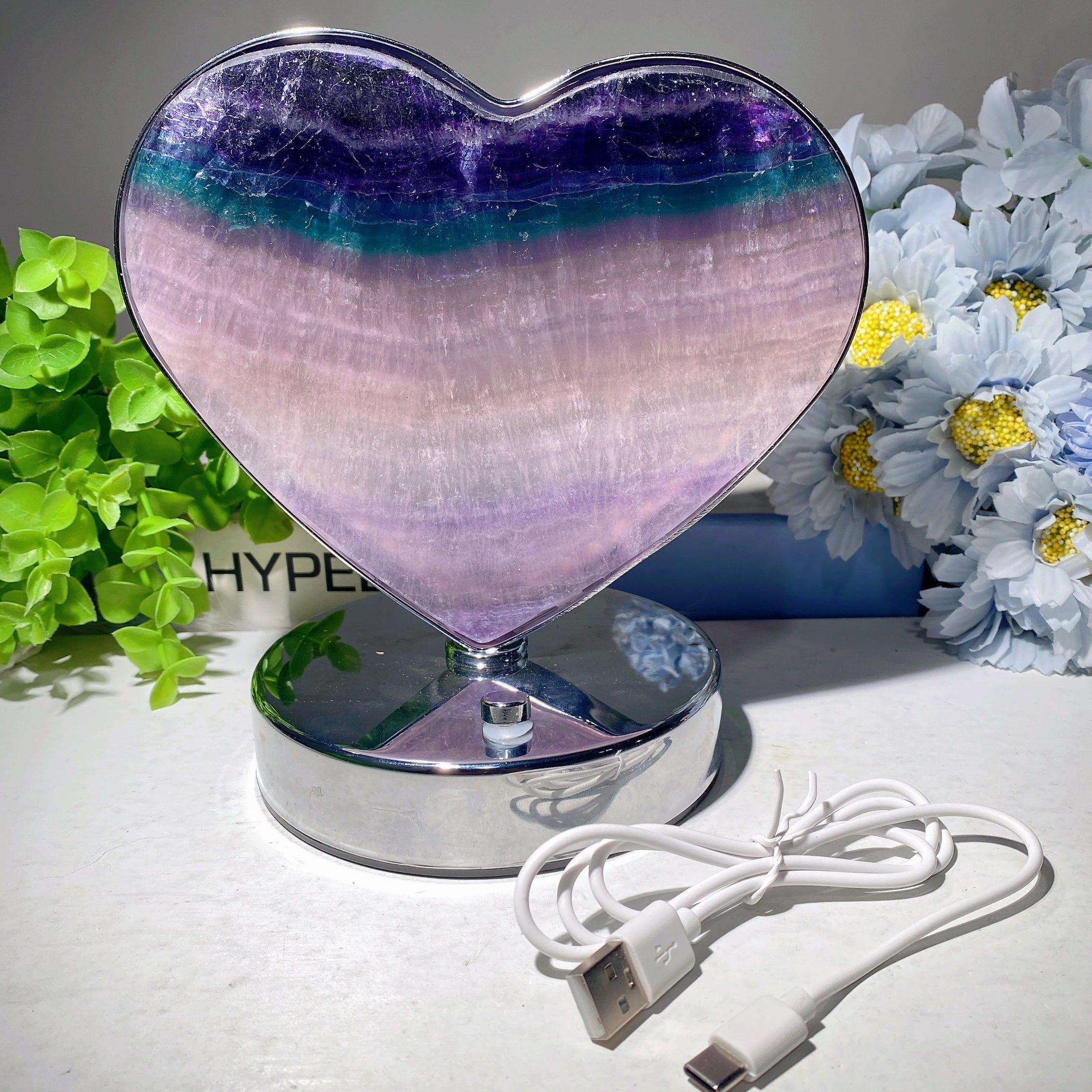 Moss Agate & Fluorite Heart Moon Crystal Lamps USB Touch Light