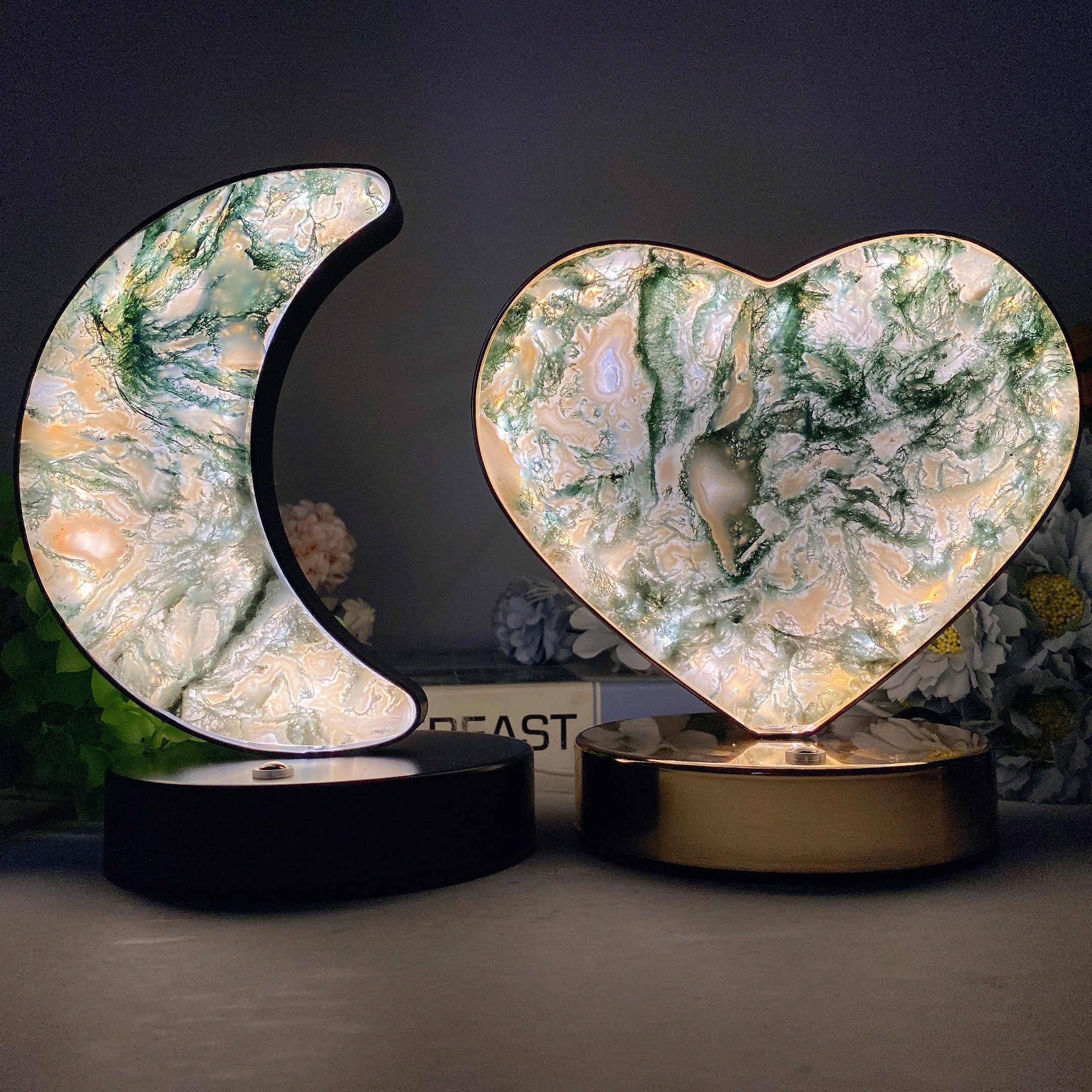 Moss Agate & Fluorite Heart Moon Crystal Lamps USB Touch Light
