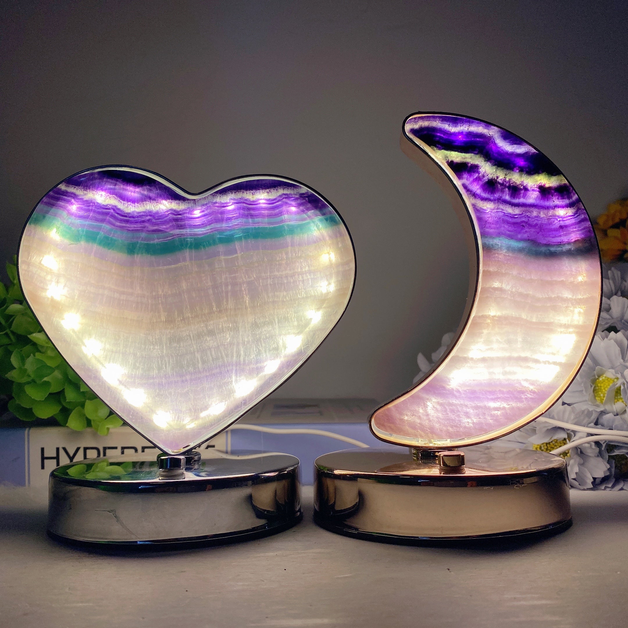 Moss Agate & Fluorite Heart Moon Crystal Lamps USB Touch Light