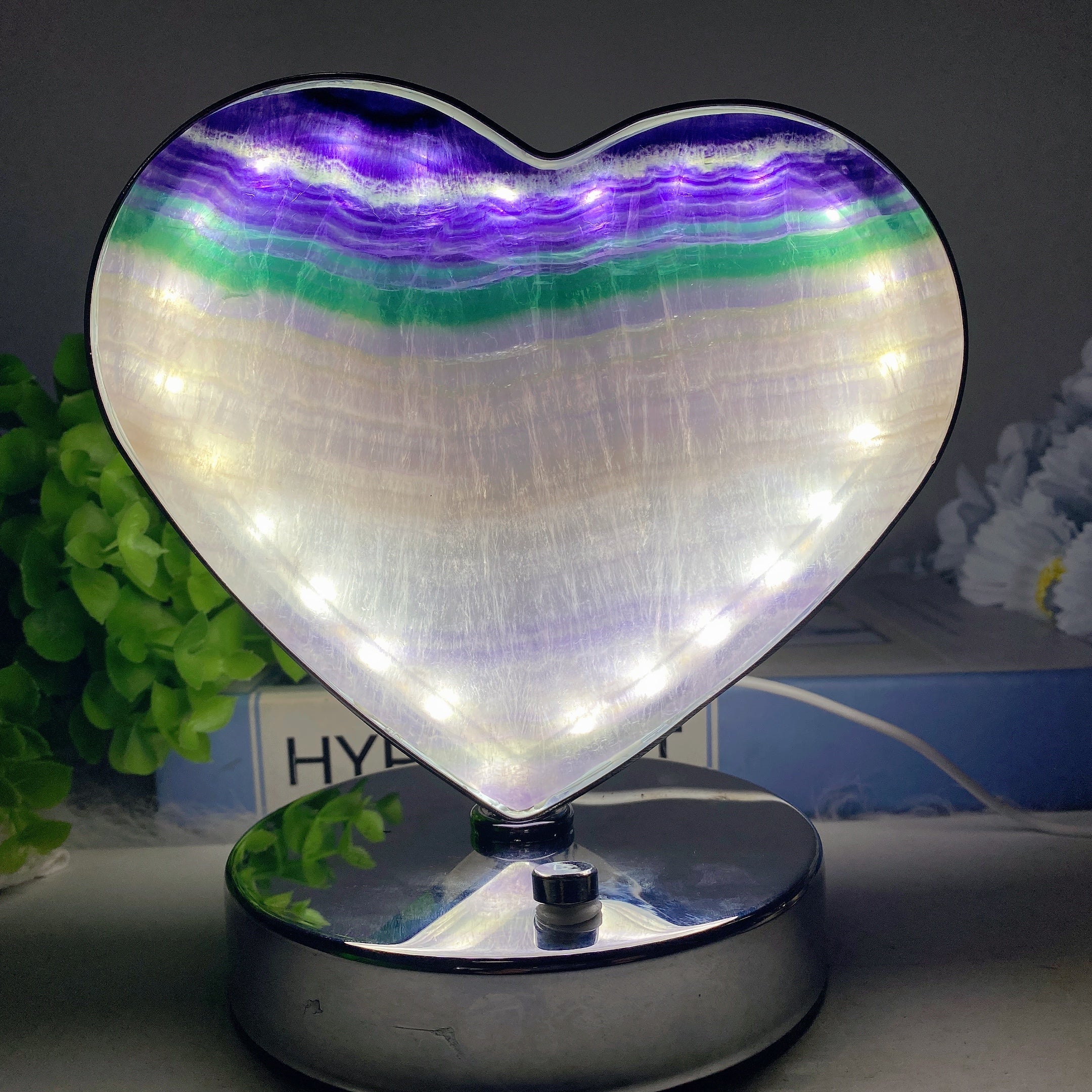 Moss Agate & Fluorite Heart Moon Crystal Lamps USB Touch Light