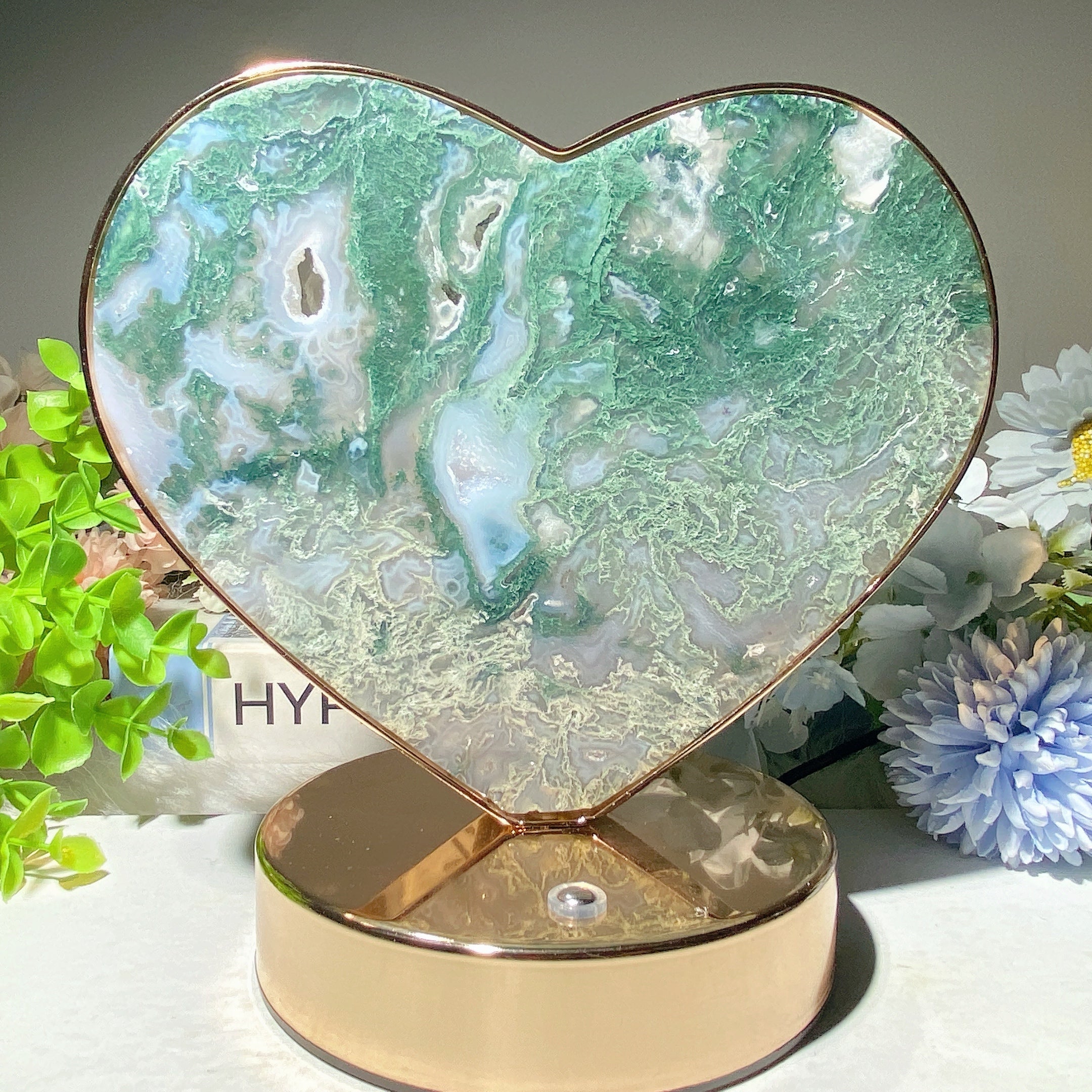 Moss Agate & Fluorite Heart Moon Crystal Lamps USB Touch Light