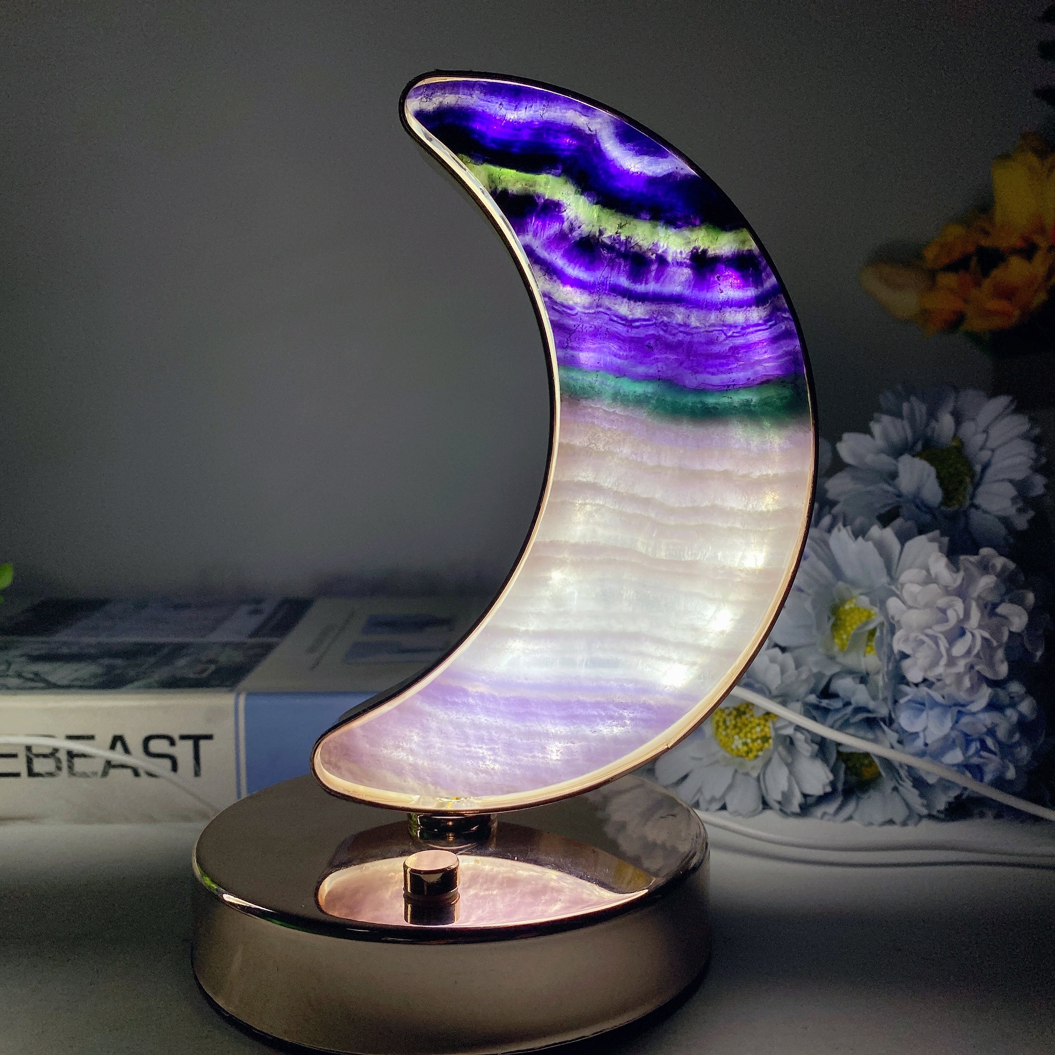 Moss Agate & Fluorite Heart Moon Crystal Lamps USB Touch Light