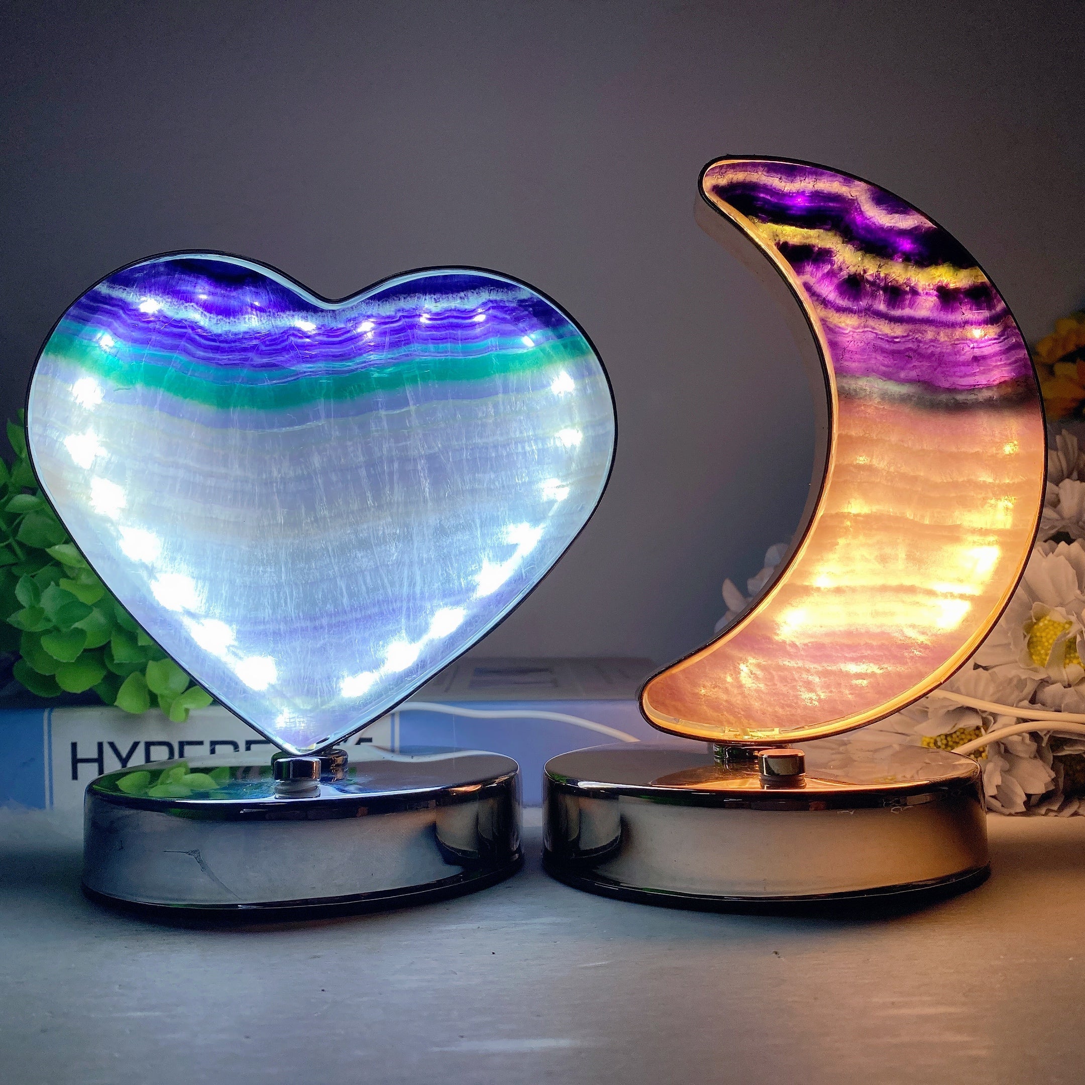 Moss Agate & Fluorite Heart Moon Crystal Lamps USB Touch Light