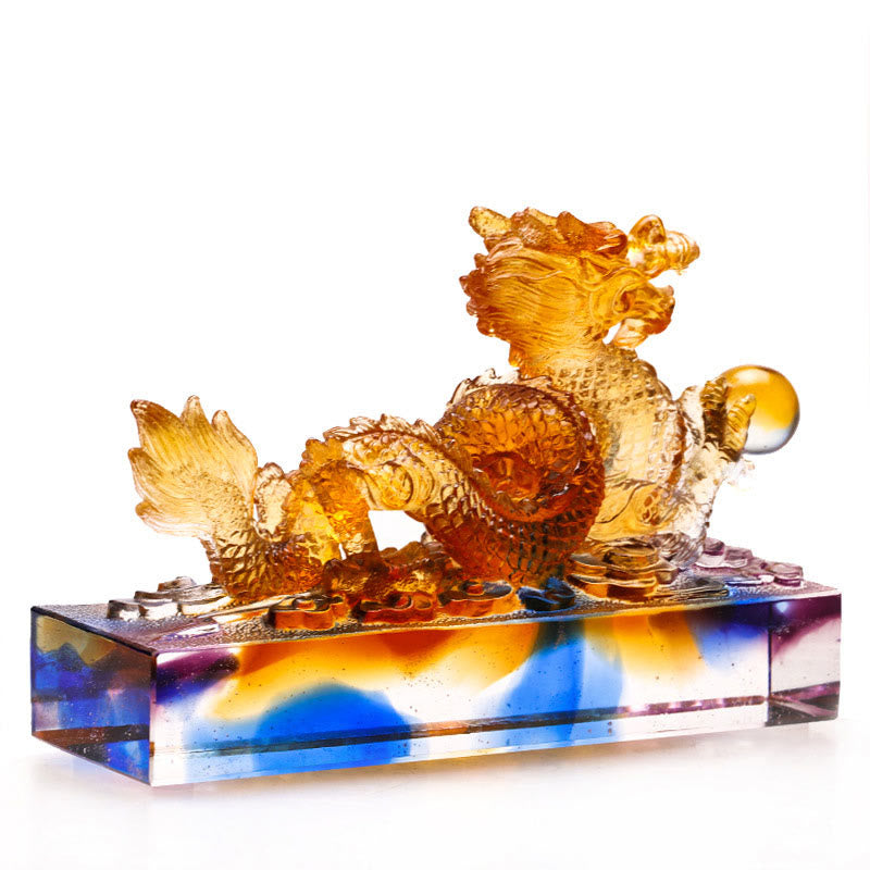 Multicolored Liuli Chinese Dragon Statue 6.3 Inch Feng Shui Piece