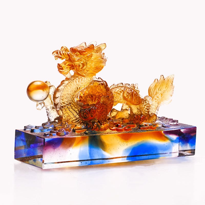 Multicolored Liuli Chinese Dragon Statue 6.3 Inch Feng Shui Piece