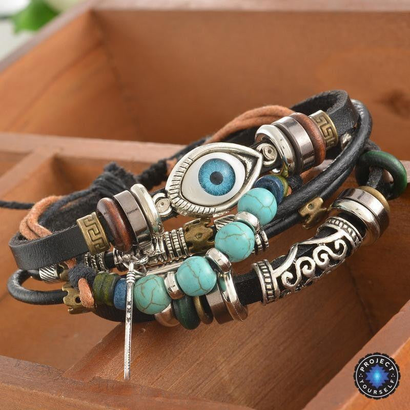 Multilayer Leather Bracelet with Evil Eye Charm - Adjustable Unisex