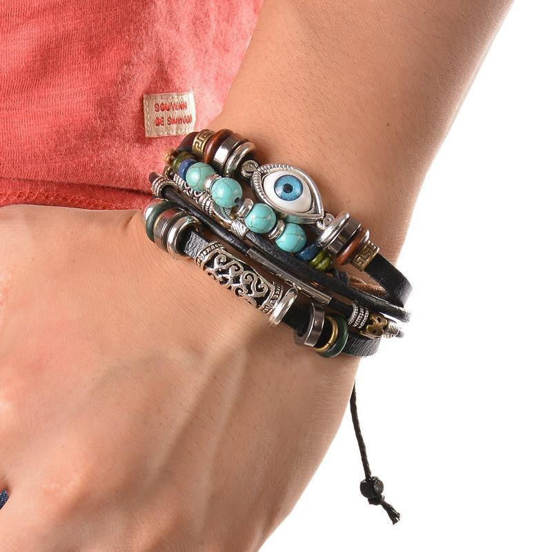 Multilayer Leather Bracelet with Evil Eye Charm - Adjustable Unisex