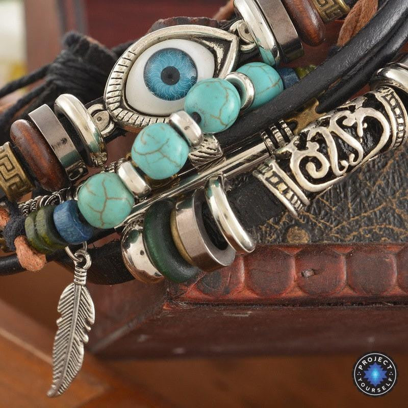 Multilayer Leather Bracelet with Evil Eye Charm - Adjustable Unisex