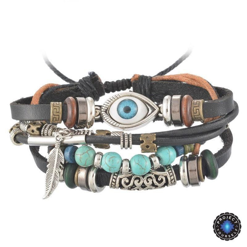Multilayer Leather Bracelet with Evil Eye Charm - Adjustable Unisex