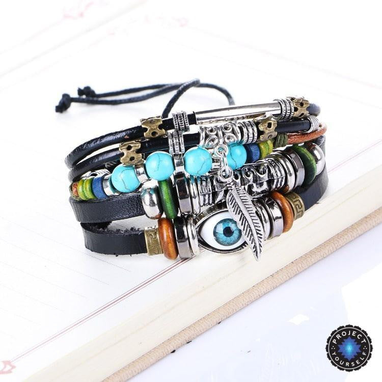 Multilayer Leather Bracelet with Evil Eye Charm - Adjustable Unisex