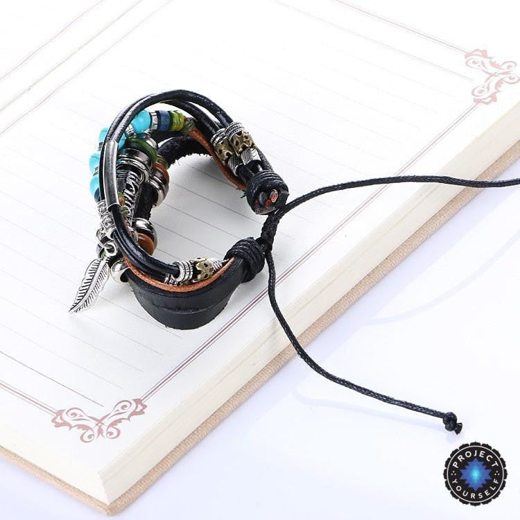 Multilayer Leather Bracelet with Evil Eye Charm - Adjustable Unisex