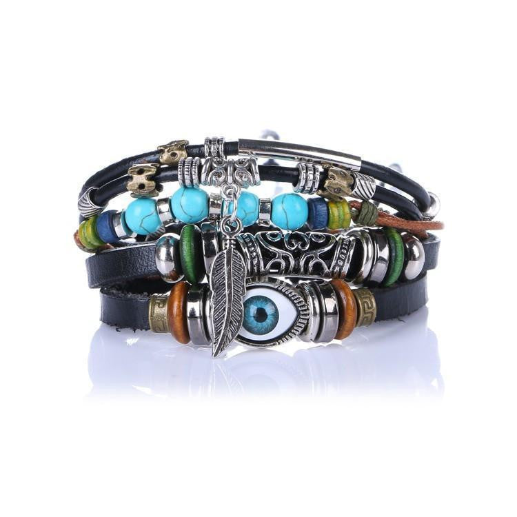 Multilayer Leather Bracelet with Evil Eye Charm - Adjustable Unisex