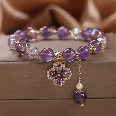 Natural Amethyst Spiritual Healing Bracelet with Four Leaf Clover Charm