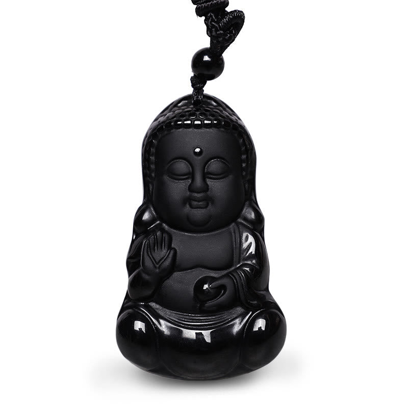 Natural Black Obsidian Buddha Necklace | Strength & Protection