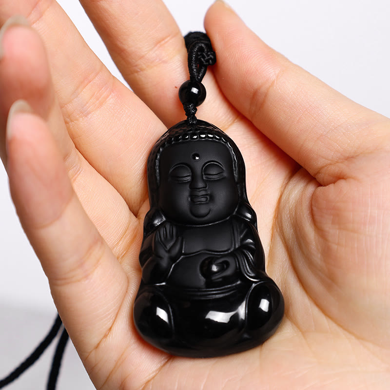 Natural Black Obsidian Buddha Necklace | Strength & Protection