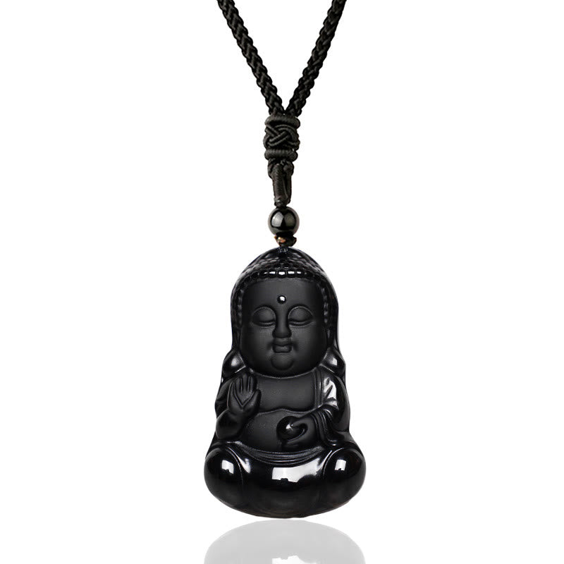 Natural Black Obsidian Buddha Necklace | Strength & Protection
