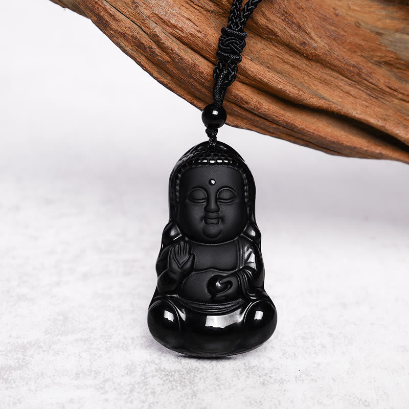 Natural Black Obsidian Buddha Necklace | Strength & Protection