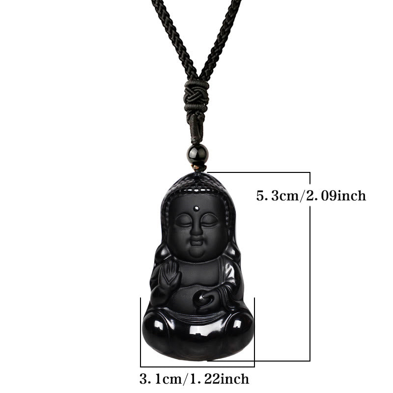 Natural Black Obsidian Buddha Necklace | Strength & Protection