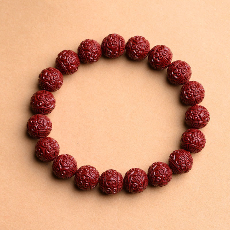 Natural Cinnabar Om Mani Padme Hum Fret Pattern Bracelet 8mm