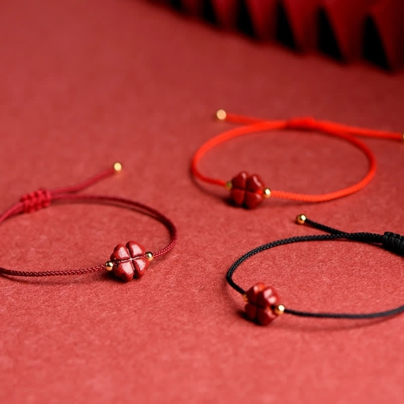 Natural Cinnabar Red String Bracelet with Four Leaf Clover Blessing