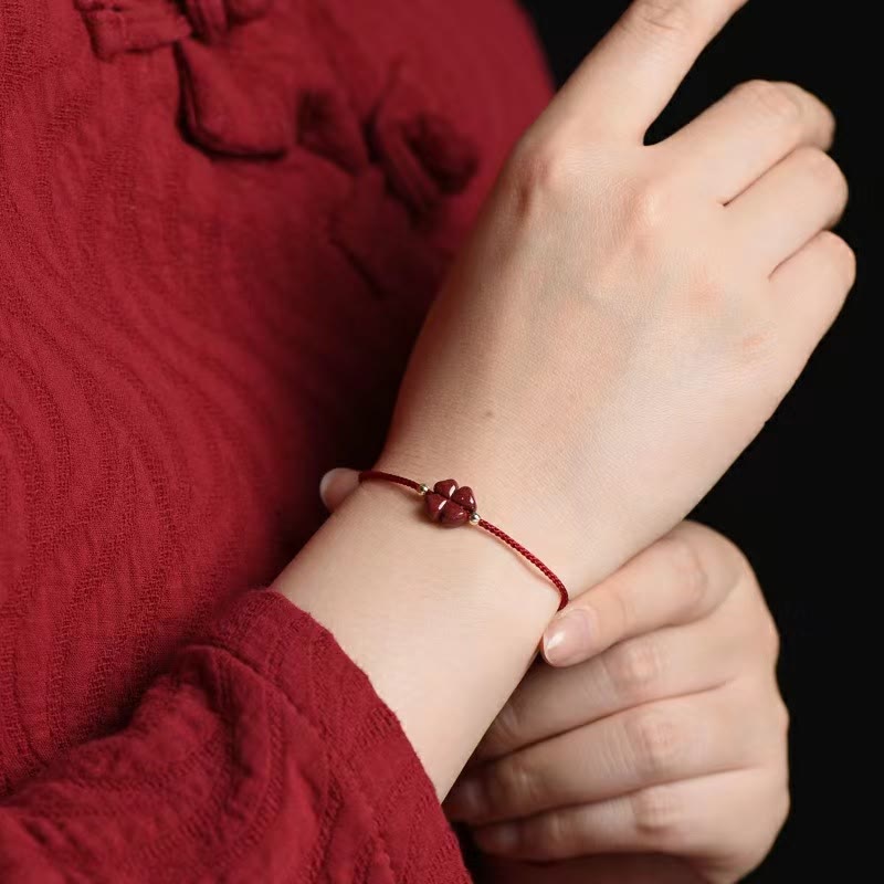 Natural Cinnabar Red String Bracelet with Four Leaf Clover Blessing